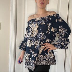 Sky and Sand Off-Shoulder Floral Boho Blouse